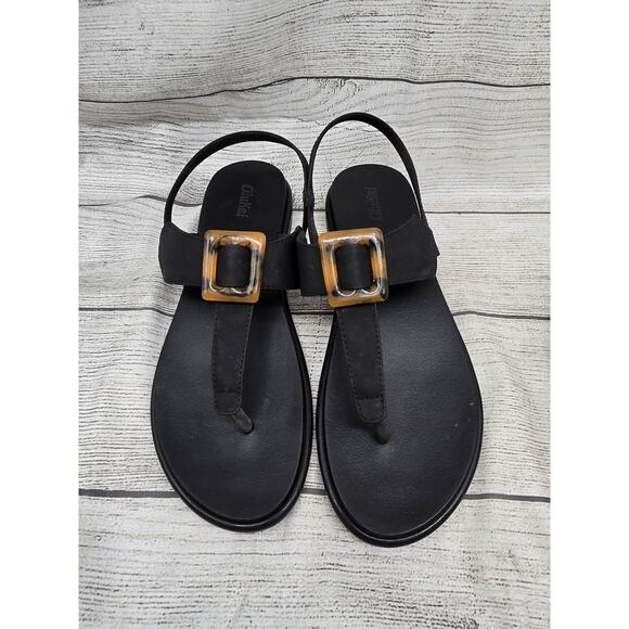 OluKai Black With Tortoise Shell Buckle La'i T-Bar Summer Beach Sandals Size 9 - Picture 1 of 8